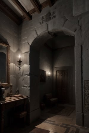 Cuarto de dondella celta, pqresde de piedra gris, cama amplia con cortinajes medievales, candelabros y peinadora (ambientación a the Witcher y juego de tronos)