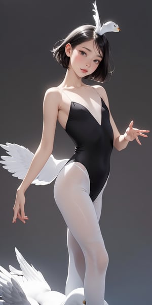 Roma Latina girl with white skin, (very short Bob black hair) (black eyes.) Adorable face, flat chest. Ballet dancer in tutu, swan lake dance pose