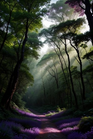 Flores violeta entre el fango, en bosque con iluminación violeta, en una gran cantidad de neblina y bosques espesos, ambientación oscura, temática tetrica