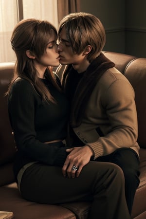 (Re4Leon tall and strong men) (High image quality, high resolution, high quality image, intricate details on hands and face) (sweet expression)(RE4Leon kisses with a redhair woman long hair) (Couple kissing sitting on a brown furniture couch, background of an abandoned apartment.) (Passionate) (passionate kisses Under low lighting ) (woman custome sweater green and Black pants) (Men Custom brown jacket hunter, black pants)