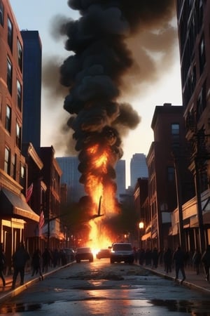 (Alta calidad de video, fluidez de la imagen en movimiento) ciudad de Boston en caos, Boston city, ciudad en Apocalipsis, gente corriendo, horror city in fire. (Aura oscura en la imagen)