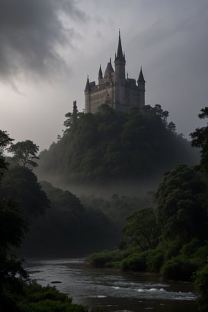 Castillo en una gran cantidad de neblina y bosques espesos, ambientación oscura, temática tetrica