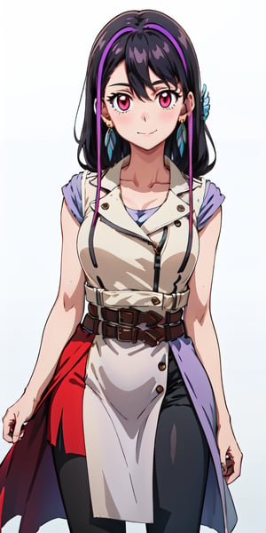 masterpiece, best quality, highres,smile, breasts,Jasony,female_solo,simple_background, white_background, closed_mouth,cowboy_shot,looking_at_viewer,lulu obsidian, black hair with purple highlight, pink eye's,sleeveless vest, two leather belts, gray and red skirt, black pants