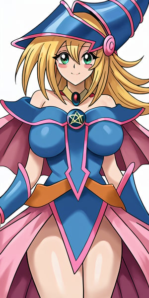 1girl, highly detailed, masterpiece, best quality, JasonyXL,smile, huge_breasts,female_solo,simple_background, white_background, closed_mouth,cowboy_shot,looking_at_viewer, dark magician girl, blonde hair, green eyes, long hair,