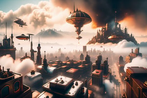 A wide angle from the ground towards the sky focuses on a free-floating, huge city built on a mountain massif surrounded by clouds and tiny little airships in the background. steampunk, dieselpunk, cyberpunk. fog, dirt, fire. 