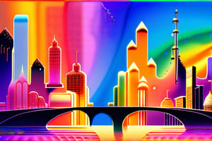 A city is built from fractals, mathematical functions, mandelbrot sets or julia sets, a bridge connects two differently colored parts of the city, golden glitter particles of different sizes float in the sky, on the ground a color gradient of rainbow-colored milk flows from the sewage system.