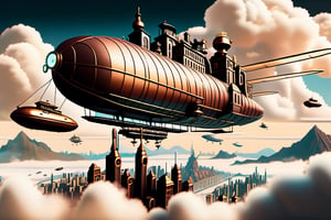 A wide angle from the ground looking skywards shows a levitating huge city focused on a mountain range surrounded by clouds and very tiny airships in the background. steampunk, dieselpunk, cyberpunk.