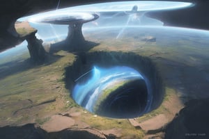 in a photorealistic landscape is a wormhole in another futuristic world.