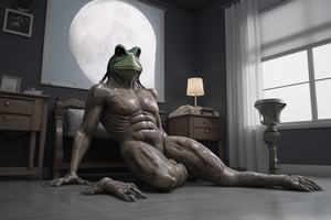 A mutated man sits on a bed. he is transformed into a frog. his eyes look scared. It is dark in the room, only one lamp illuminates the room. the lungs are inflated. intestines and pools of blood lie on the floor. the moon shines through the window. 8k, comic style, surreal, 3d, realistic, ultra high, dark