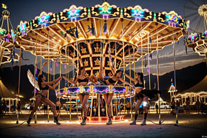 a converted car with a hover drive, wings, lots of lamps and decorations stands in front of a carousel at the burning man festival, without a roof, two levers are used for steering. two ladies in a sexy pose wash the mobile with a damp sponge.