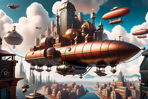 A wide angle from the ground towards the sky focuses on a free-floating, huge city built on a mountain massif surrounded by clouds and tiny little airships in the background. steampunk, dieselpunk, cyberpunk. 
