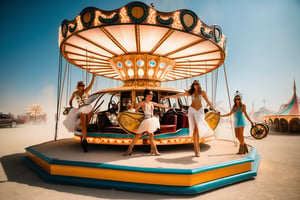 a converted caprio with a hover drive, wings, lots of lamps and decorations stands in front of a carousel at the burning man festival, without a roof, two levers are used for steering. two ladies in a sexy pose wash the mobile with a damp sponge.