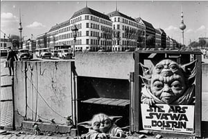 A historic postcard circa 1900 of a photo of a mix of ET, Baby Yoda, Gollum and Species on a dirty side street in Berlin. monochrome