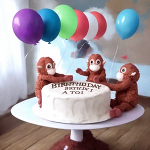 five monkeys are sitting at a smartly decorated table with a huge birthday cake with lit candles. The room is decorated with balloons and lands.