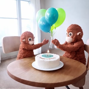 Five monkeys are sitting at a smartly decorated table with a huge birthday cake with lit candles and a bouquet of flowers. The room is decorated with balloons and lands.