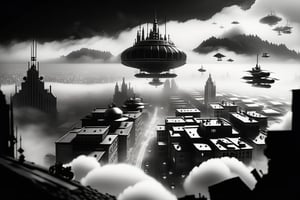 A wide angle from the ground towards the sky focuses on a free-floating, huge city built on a mountain massif surrounded by clouds and tiny little airships in the background. steampunk, dieselpunk, cyberpunk. fog, dirt, fire. monochrome.