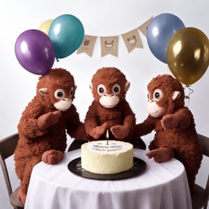 Five monkeys are sitting at a smartly decorated table with a huge birthday cake with lit candles and a bouquet of flowers. The room is decorated with balloons and lands.