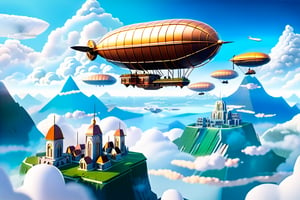 The view to the sky shows a free-floating city on a mountain massif surrounded by clouds and small airships in the background.