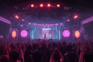 there is an old abandoned military aircraft hangar built with round segments. people dancing everywhere. inside the futuristic hangar is a stage with neon lights. many cables on the wall and on the ceiling. huge speakers left and right. many people are in the room and dancing. in the foreground a wonderful woman raises her hands to the music. the wall is covered with screens presenting mystic visuals. techno, electronic music, house music, cyberpunk, dark night, moving lights, night club, festival, event, music, future ,8k, high resolution