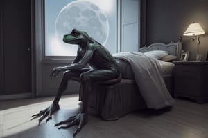A mutated man sits on a bed. he is transformed into a frog. his eyes look scared. It is dark in the room, only one lamp illuminates the room. the lungs are inflated. intestines and pools of blood lie on the floor. the moon shines through the window. 8k, comic style, surreal, 3d, realistic, ultra high, dark