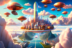 A wide angle from the ground looking skywards shows a levitating huge city focused on a mountain range surrounded by clouds and very tiny airships in the background.