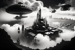 A wide angle from the ground towards the sky focuses on a free-floating, huge city built on a mountain massif surrounded by clouds and tiny little airships in the background. steampunk, dieselpunk, cyberpunk. fog, dirt, fire. monochrome.