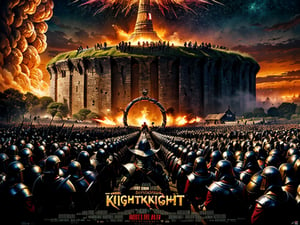 a movie poster shows a battlefield of thousands fighting knights against orcs around a huge ring of gold. The ring is held up to the red sky by a hand on an outstretched arm in the middle of the picture.