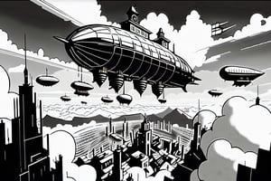 A wide angle from the ground looking skywards shows a levitating huge city focused on a mountain range surrounded by clouds and very tiny airships in the background. steampunk, dieselpunk, cyberpunk. monochrome.