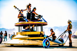 a converted carousel car with hover drive at the burning man festival, without a roof, two control levers serve as steering wheels. two ladies are cleaning the car while squatting.