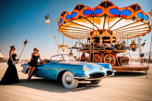 a converted caprio with a hover drive, wings, lots of lamps and decorations stands in front of a carousel at the burning man festival, without a roof, two levers are used for steering. two ladies in a sexy pose wash the mobile with a damp sponge.