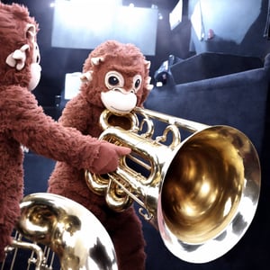 There are monkeys playing in a brass band. one plays tuba, one trombone, one trumpet, one horn, one tenor. a conductor sets the pace.