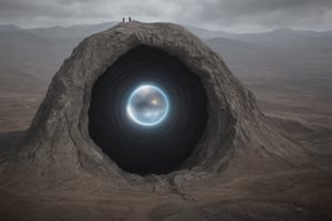 in a photorealistic landscape is a wormhole in another futuristic world.
