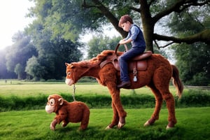 A picture shows a horse and a monkey. The monkey rides the horse. The horse is wearing a saddle and harness. In a rural setting in front of tall trees and lush green grass.