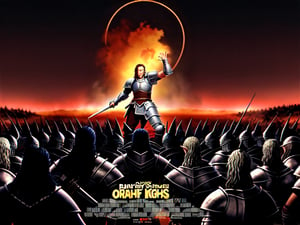 a film poster shows a battlefield of thousands, fighting knights against orcs around a ring. The ring is held up to the red sky by a hand on an outstretched arm in the middle of the picture.