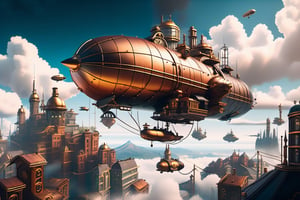 A wide angle from the ground towards the sky focuses on a free-floating, huge city built on a mountain massif surrounded by clouds and tiny little airships in the background. steampunk, dieselpunk, cyberpunk. 