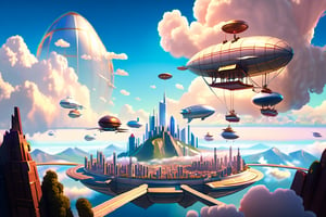 A wide angle from the ground looking skywards shows a levitating huge city focused on a mountain range surrounded by clouds and very tiny airships in the background.