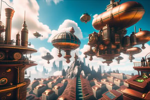 A wide angle from the ground towards the sky focuses on a free-floating, huge city built on a mountain massif surrounded by clouds and tiny little airships in the background. steampunk, dieselpunk, cyberpunk. 