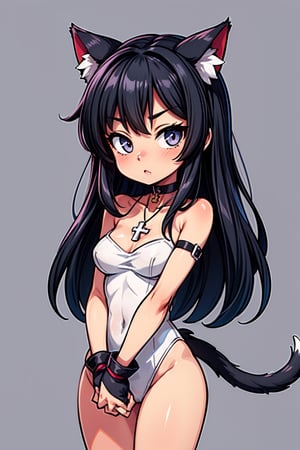 Chibi girl, animal ears, breasts, cat ears, cat girl, cat tail, choker, collarbone, covering, covering crotch, cowboy shot, cross, cross choker, cross necklace, looking at viewer, long hair, medium breasts, own hands together, solo, standing, tail, thighs, v arms, in black and white colors drawing style.