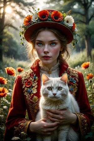 Against a serene backdrop of misty blue-gray hues, a statuesque figure clad in a striking red coat with intricate gold trim, stands out like a poppy against a verdant meadow. A matching elaborate red hat adorned with delicate white flowers and lush greenery crowns their head, as they tenderly cradle an orange and white cat with piercing blue eyes. Soft, diffuse lighting casts a warm glow on the scene, making the rich tones of the coat and hat pop against the calming atmosphere. The composition is framed by a gentle curve of trees in the distance, subtly hinting at the serenity of the setting. As the subject's gaze softly focuses on their feline companion, the air is filled with an aura of elegance and companionship.