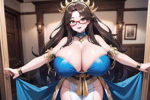 A pretty young Mexican woman, with white skin, huge tits, long brown hair, big brown eyes, big red lips, with big blue glasses, dressed in a regional Mexican costume