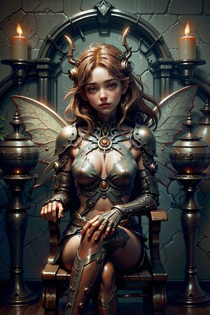 In a dimly lit, candle-lit chamber, a stunning Steampunk faery girl sits poised on a intricately carved wooden chair. Her delicate features are illuminated by the soft glow of candelabras, while her striking butterfly-wing-like antlers glisten in the warm light. A curious robot cat peers out from behind her, its metallic body reflecting the flickering flames. The room's rich textures and deep shadows create a captivating backdrop for this whimsical scene, where technology meets fantasy.