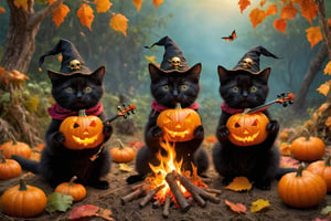 A group of adorable black cats, all dressed as cute pirate witches, don pointed conical witch hats as they come together around a campfire on a deserted island. The flickering flames cast an eerie glow on their faces. One of them skillfully plays a haunting tune on a violin, setting the atmosphere, while another regales the group with a thrilling tale of their most recent high-seas adventure. Surrounding them are numerous vividly colored small and large pumpkins, creating a festive ambiance. Large black bats flutter overhead, adding to the enchantment of the scene.