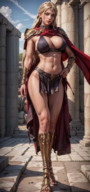 masterpiece, best quality, best quality, Amazing, beautiful detailed eyes, extremely detailed CG unity 8k wallpaper, 1female warrior, roman empire, armor mixed with silk,  cloak, blue sky,   strong body, long blond straight hair, prefect big natural breast, natural breasts, big hip, long legs, hourglass body deep shadow, low key, standing,  front angle shots,  facing_viewer, shape, (85mm lens shots:1.36),wide portraits shots , dark background, ,spartanarmor