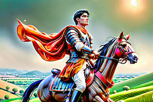 a Roman soldier named John, twenty-three years old, tall, thin, stylish, courageous, straight black hair, is wearing an orange and red Roman soldier's uniform, rides happily, mounted on his white horse, in a green valley