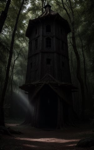 Bosque gris, bosque oscuro tendencia de cinematográfica para películas de terror, ambientación de cabaña en el bosque a oscuras, cabaña de bruja terrorífica, cuervos volando alrededor