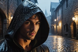 (Cinematic Shot) (Shot on Aaton LTR 54)(FACE CLOSE-UP SHOT:1.5) 1boy, handsome, Feel the 'Rhapsody of the Rain' with the hooded assassin, where each shadow black drop plays a note on the cobblestone grey earth, composing a symphony of renewal, reflection, and rebirth. Old medieval alley, moonlight, heavy rain, smog, mistery