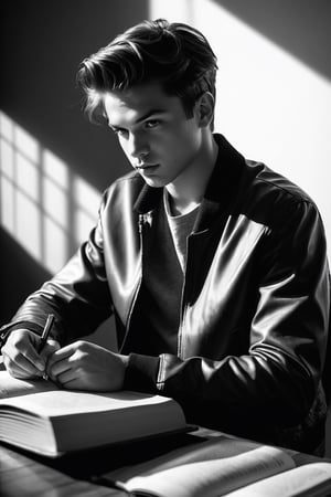 Generate a photograph featuring a solo scene with a single young man. Capture him looking directly at the viewer while sitting. Clothe him in a jacket, and opt for a monochrome or greyscale palette, maintaining a male focus. Place him at a table with an open book, emphasizing a realistic and detailed composition. Highlight the play of light and shadows to enhance the atmosphere, giving a sense of depth to the image. Ensure the focus is on the boy's expression and the elements surrounding him, particularly the open book on the table,sdxl,