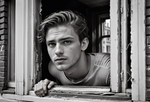A detailed black and white portrait of a handsome young man, shown from the waist up. The person is peering through an open window, with a sharp focus on the facial expression. Beyond the window, outside are overgrown buildings in various states of neglect and decay, photorealism,Extremely Realistic,photo r3al,aesthetic portrait