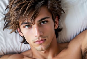close up on the face of handsome (shirtless:1.1) 21yo sexy Argentinian seductive boy, slender features, top view in bed, looking up, from above, (handsome:1.4), tousled hair, predatory look