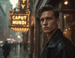 A young handsome man with a 1940s haircut stands on a rainy sidewalk under a city marquee sign that reads 'CAPUT MUNDI.' Big-city architecture surrounds him in a nostalgic, sepia-tinged atmosphere. His hair and clothes are wet, with water droplets on his face, capturing a contemplative, bittersweet mood. Photographic style inspired by Ansel Adams, shot with a 35mm lens, cool color temperature with sepia undertones, soft shadows and rain highlighting the play of light.